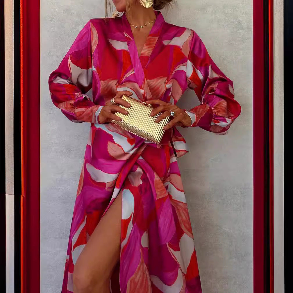 Long Sleeve Printed Tie-up Waist Slit Maxi Dress
