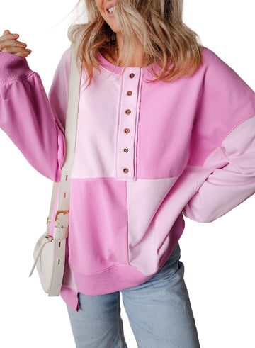 Women's Casual Color Block Loose Button Henley Pullover Top