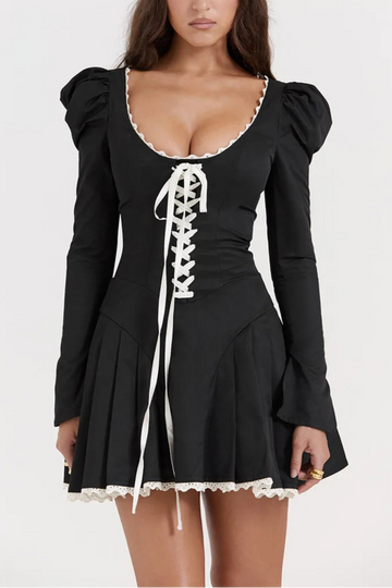 Puff Shoulder Pleated Mini Dress