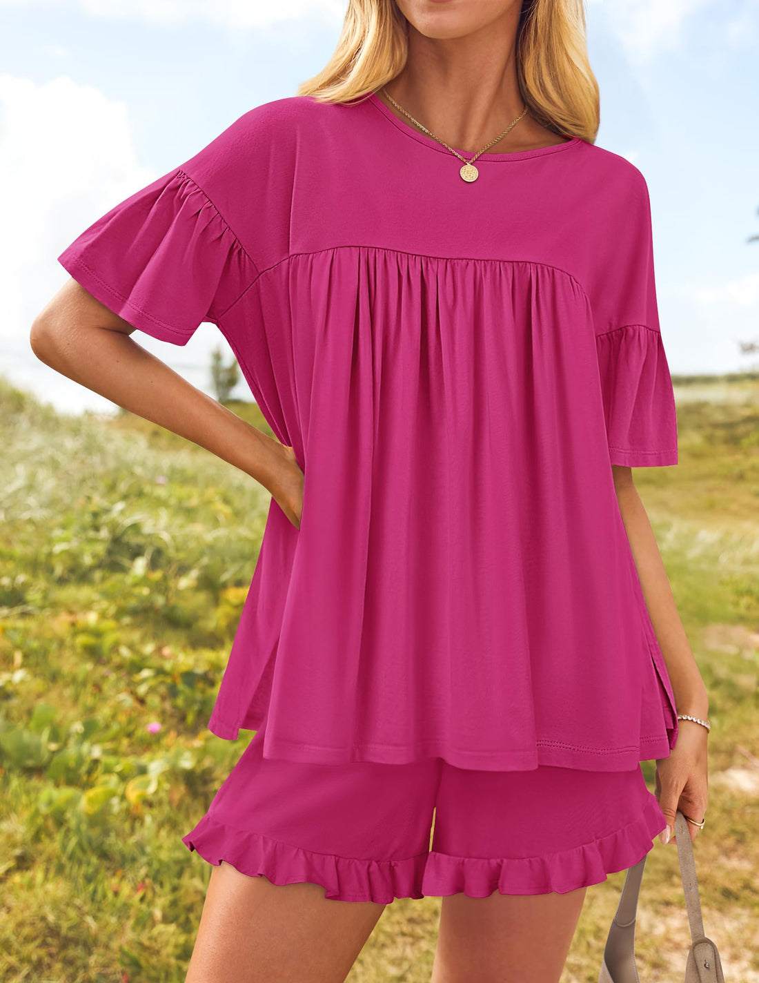 Women's Ruffle Short Sleeve Tops and Shorts Casual Loose Oversized Lounge Sets