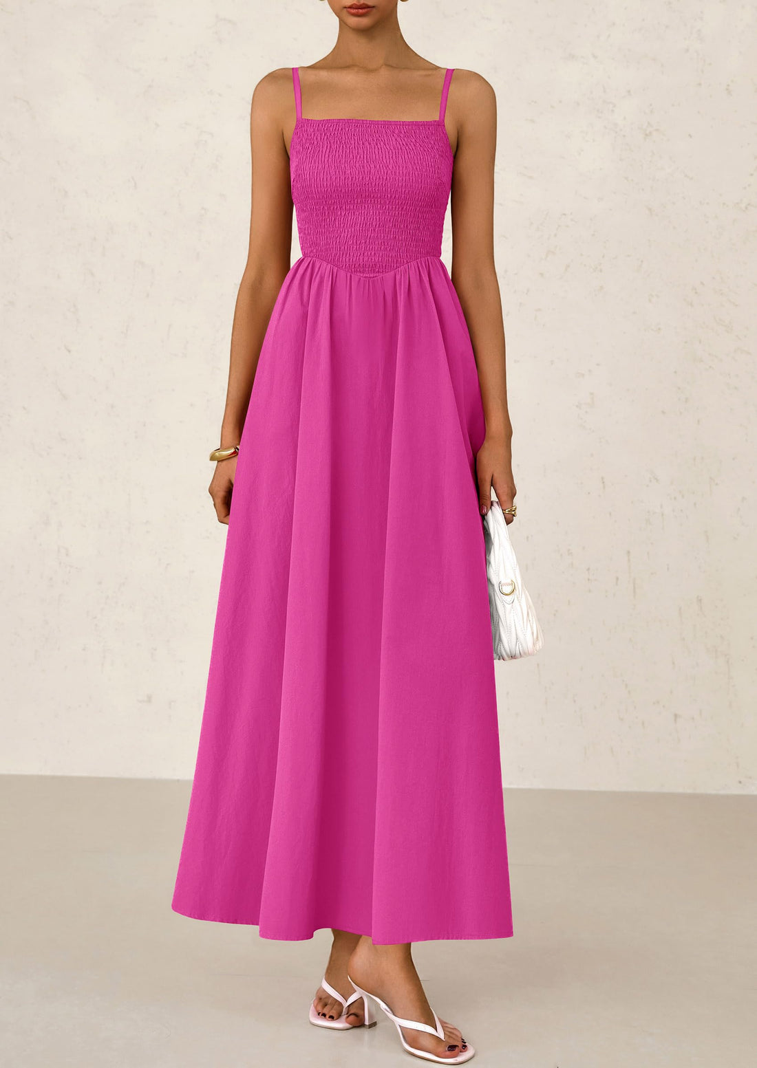 Women's Smocked Casual Spaghetti Strap Swing A Line Long Flowy Maxi Dress