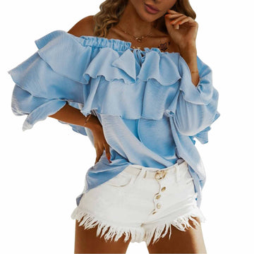 Women's Off Shoulder Ruffle 3/4 Sleeve Blouses Casual Layered Tops