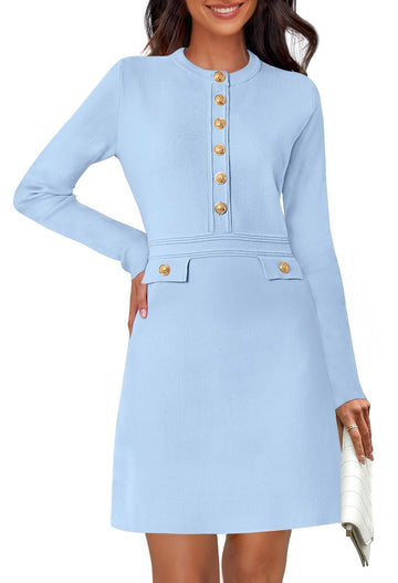 Women's Long Sleeve Bodycon Sweater Dress Button Crew Neck Elegant Formal Mini Dresses