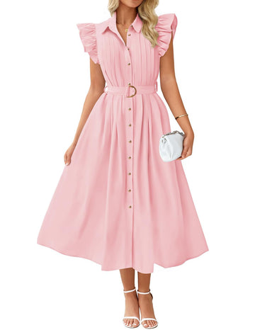 Womens Casual Button V Neck Flutter Sleeve Belted Long Dresses with Pockets