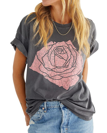 Women's Rose Graphic Tee T Shirt Loose Fit Summer Short Sleeve Casual Tops