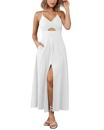 Women's Sleeveless V Neck Cutout Slit Casual Dresses with Pockets