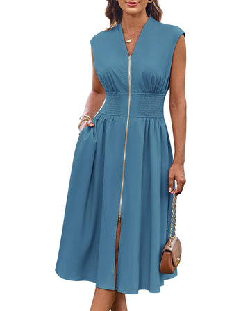 Women's Casual V Neck Cap Sleeve Zipper Front Flowy Dress with Pockets