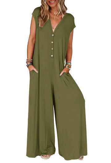Women's 2025 Summer Cap Sleeve Jumpsuits Deep V Neck Button Onesie Wide Leg Pants Rompers