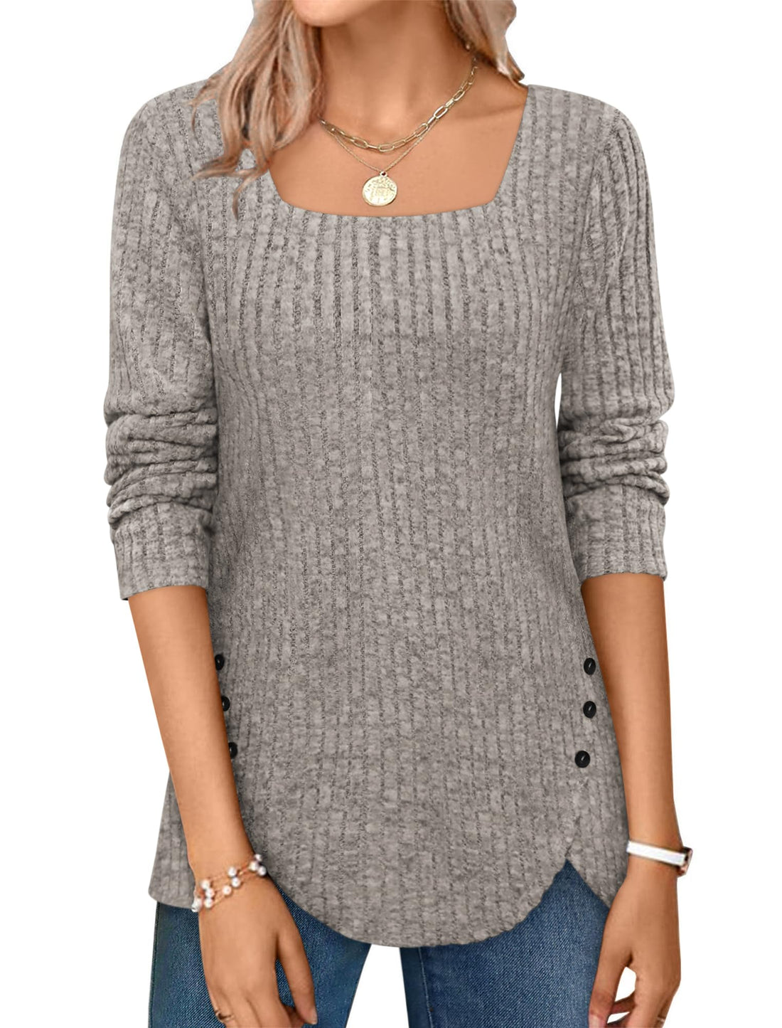 Women's Squared Neck Sweater Ribbed Knit Tunic Tee Shirts