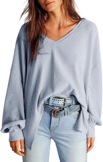 Women's Waffle Knit Tops Long Lantern Sleeve Casual Blouses