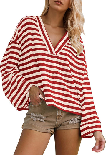 Striped Oversized Sweatshirts Casual Loose V Neck Long Sleeve Pullover Tops