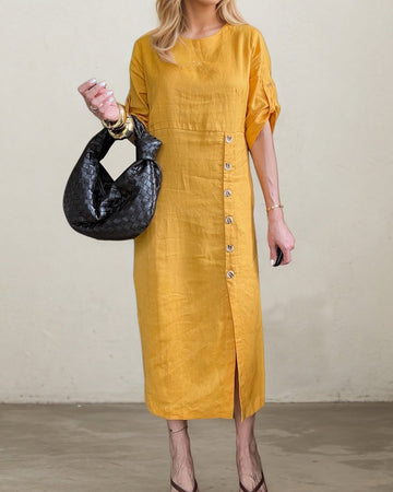 Cotton and Linen Short Sleeve Side Button Shirt Dress