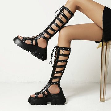 Women's Rivets Black Punk Knee High Gladiator Sandals