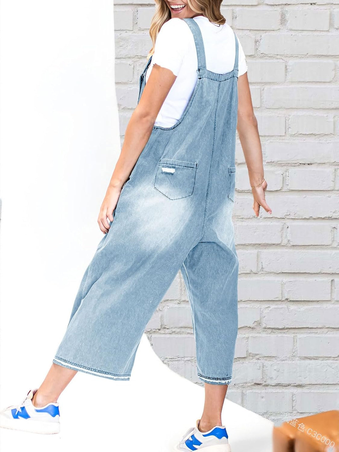 Loose Fit Adjustable Strap Distressed Denim Bib Overalls