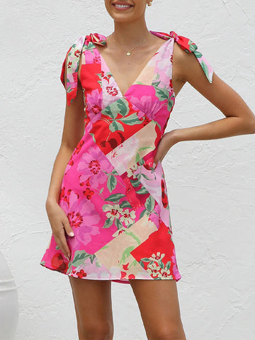 Printed V-neck Lace-up Mini Halter Dress