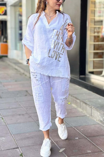 Women's Casual Letter Printed Cotton And Linen Top & Pants Set