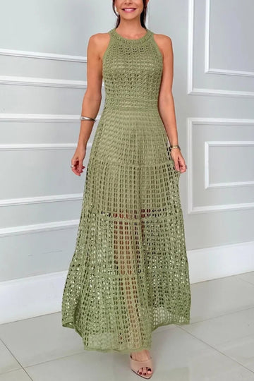 Crochet Knit Round Neck Texture A-line Maxi Dress
