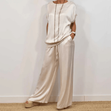 Cozy Satin Short Sleeved Top Wide Leg Pant Casual Suit