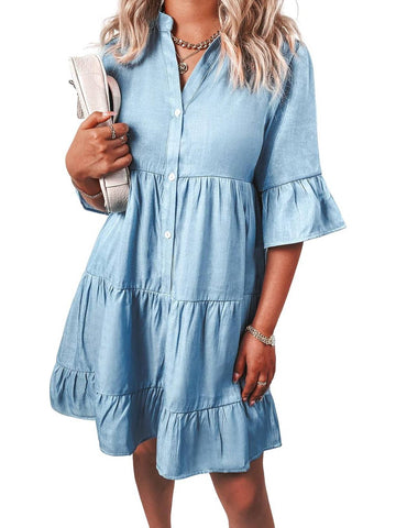 Women‘s Casual V Neck Ruffle Short Sleeve Denim Dress