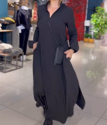 Casual Solid Color V-Neck Long Sleeve Dress