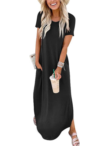 Women's Casual Loose Short Sleeve Pocket Split Maxi Dress