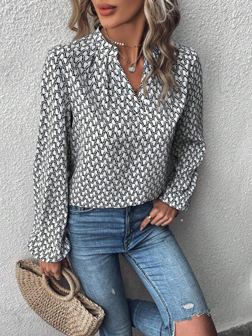 Women's Casual Full Print Notch Neck Shirt Top