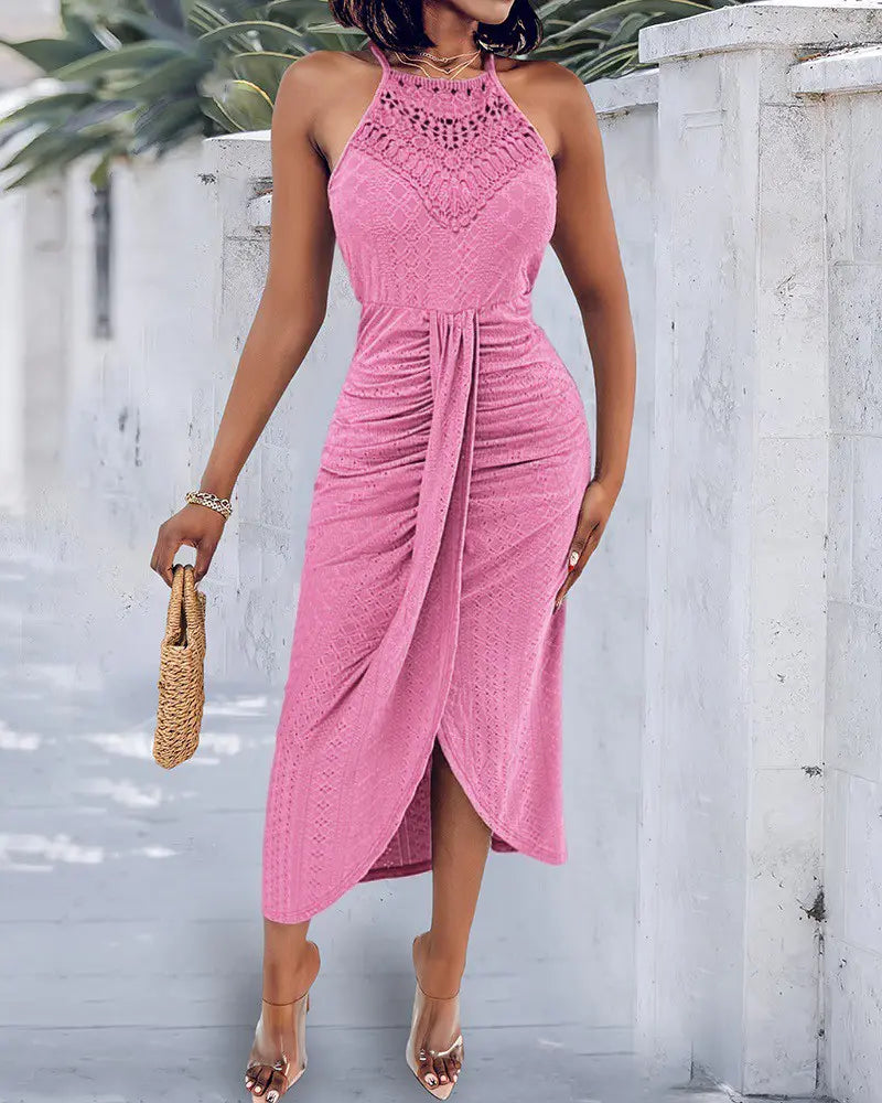 Halter Hollow-out A Line Sleeveless Front Slit Ruched Vacation Maxi Dress