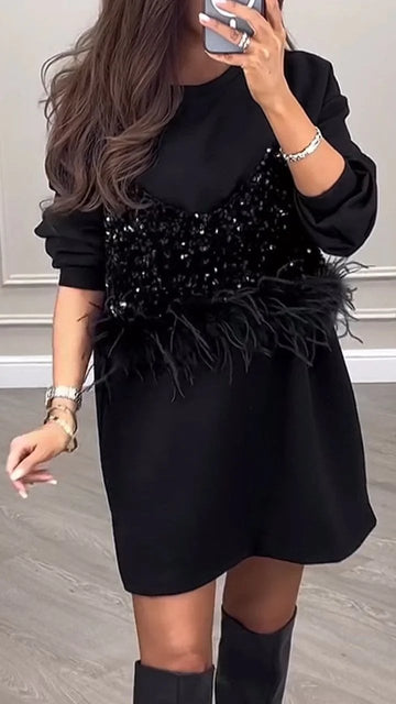 Sequined Fake Fur Stripe Two Piece Dress