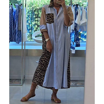 Loose Women's Shirt Dress In Leopard And Stripes