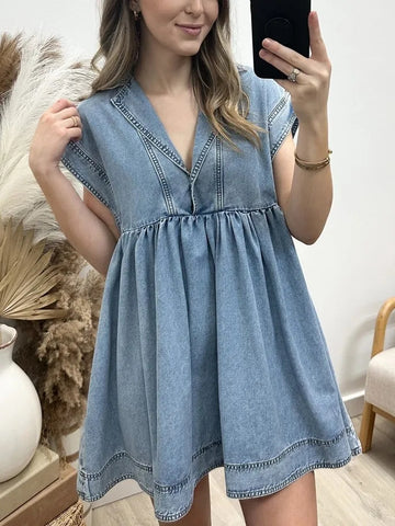 V Neck Lapel Cap Sleeve High Waist Denim Baby Doll Dress