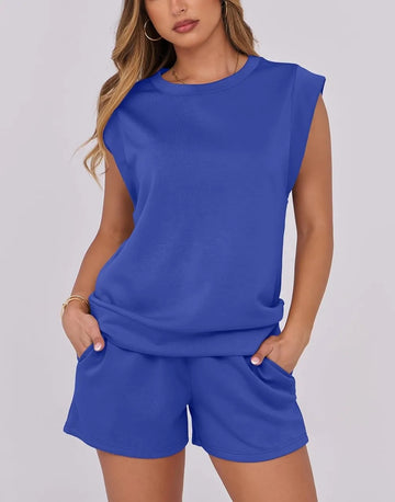 Women's Cap Sleeve Top And Drawstring Shorts 2 Piece Set
