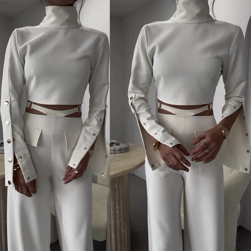 High Neck Button Bell Sleeve Top and Cutout Waist Metal Pocketed Flare Pants Set