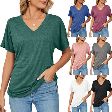 Casual Pullover V-Neck Solid Color Loose Ladies Tops
