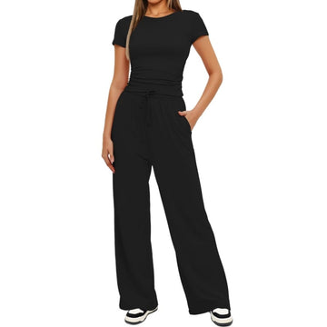 Short-sleeved Top And High-waisted Drawstring Wide-leg Pants Summer Fashion Set