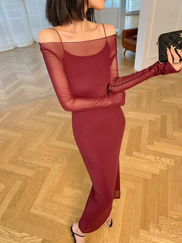 Women's Sexy Mesh Spaghetti Strap Maxi Dress