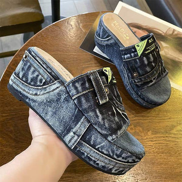Women'S Denim Wash Cloth Platform Sandals And Slippers
