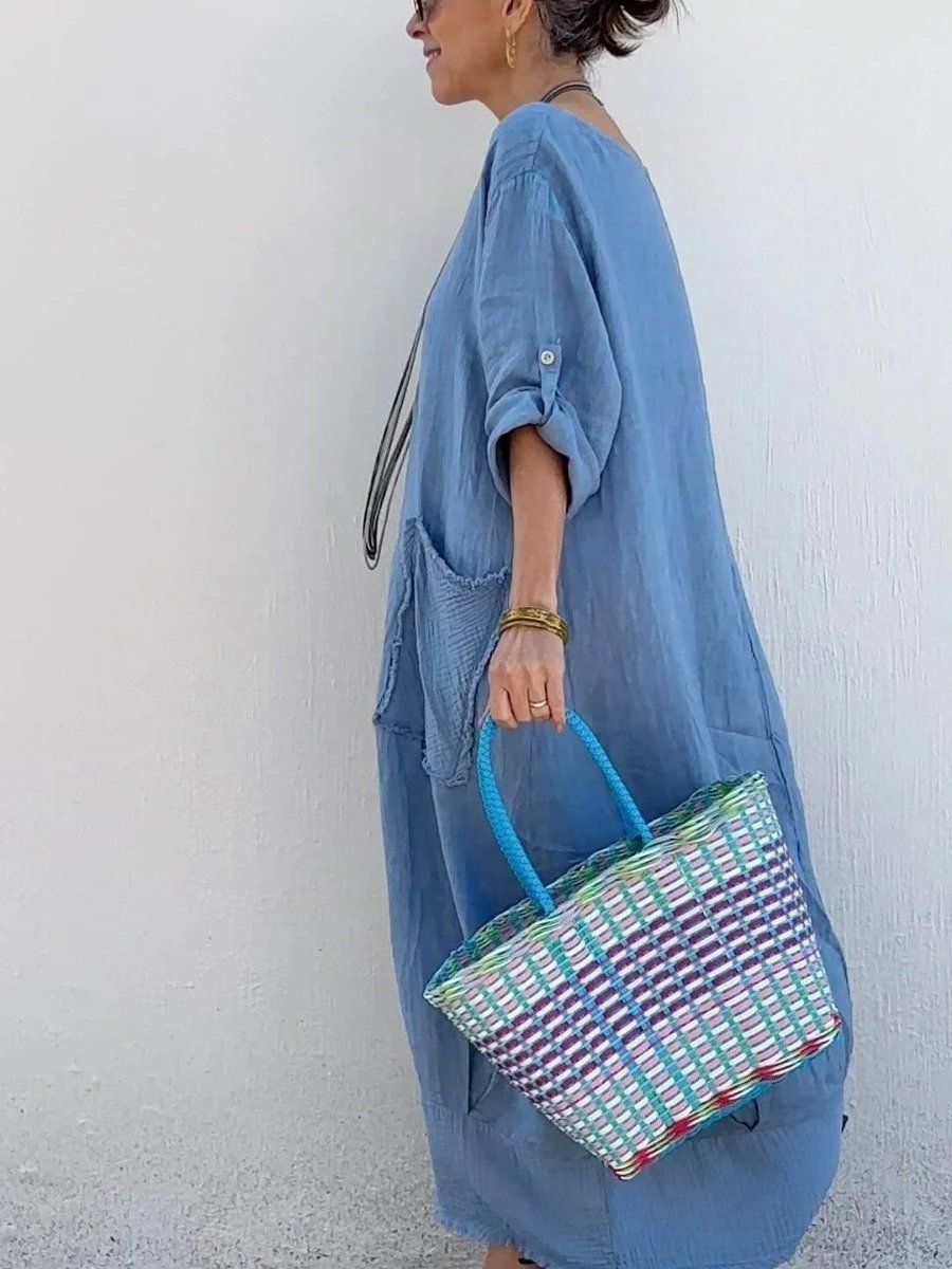 Long Cotton And Linen Dress In Patchwork Style