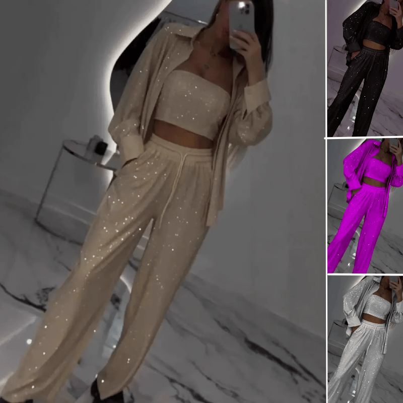 Sequin Blazer And Wide Trousers For Women (3-Piece Set)