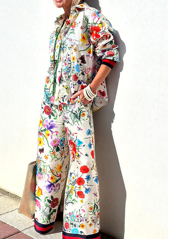 Stylish Plant Floral Print Shirt & Pants Two Piece Set