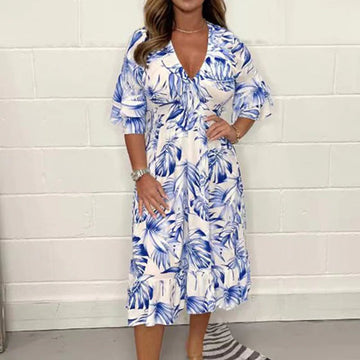 Wome's Elegant V-Neck Dress with Botanical Print