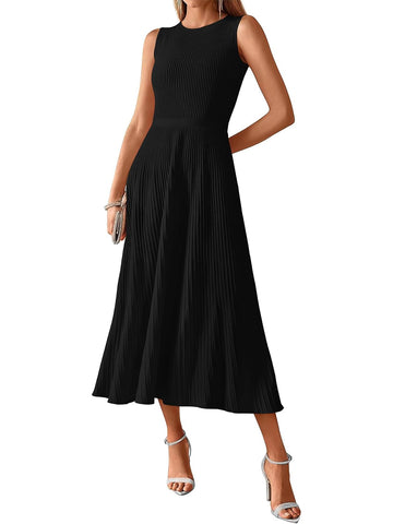 Women's Crewneck Ribbed Sleeveless Pleated Swing A Line Tank Dress