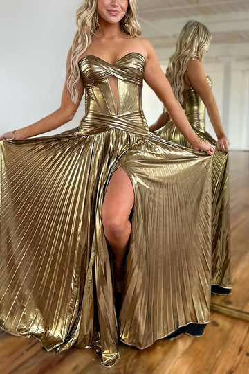 Cross Strapless Cutout Slit Pleated Maxi Dress