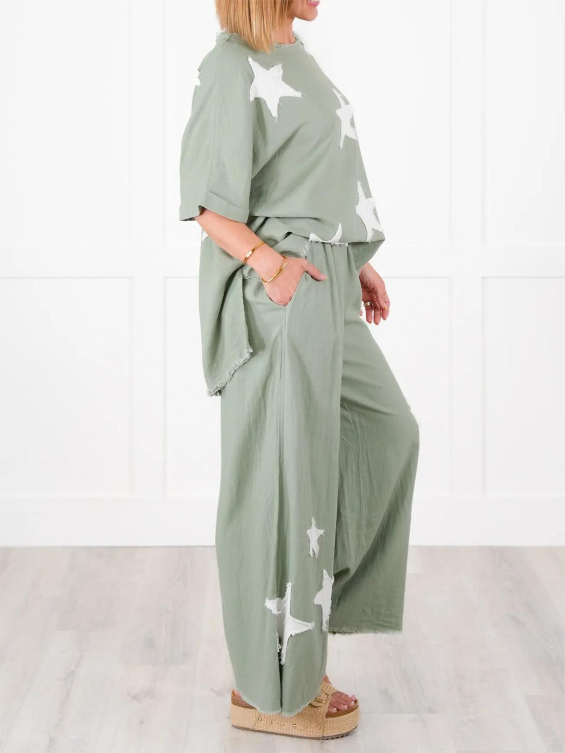 Women's Short Sleeve Top And Wide Leg Pant Set With Star Patch Detail