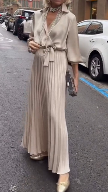 Women's V-neck Satin Pleated Casual Dress