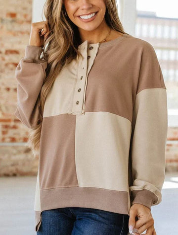 Women's Button Colorblock Casual Sweatshirt
