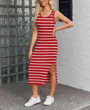 Casual Striped Knit Side Slit Dress