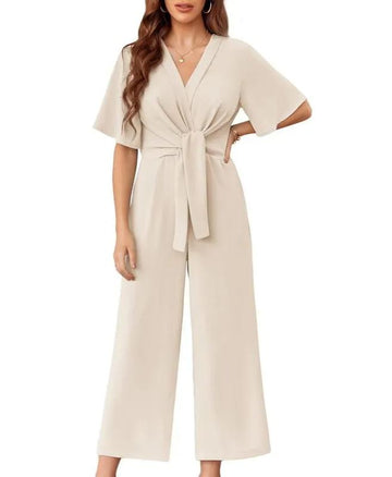 Women's V Neck Tie Knot Front Wide Leg Jumpsuits
