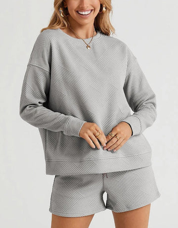 Women's Texture Long Sleeve Top and Drawstring Shorts Set
