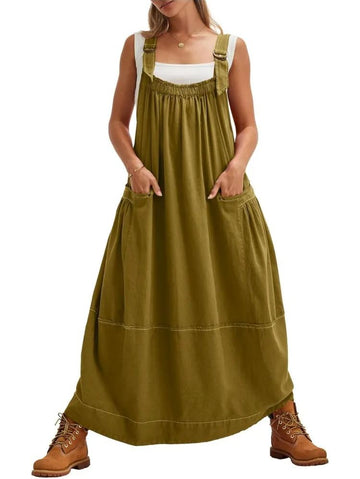 Women's Casual Loose Adjustable Straps Maxi Dress With Pockets