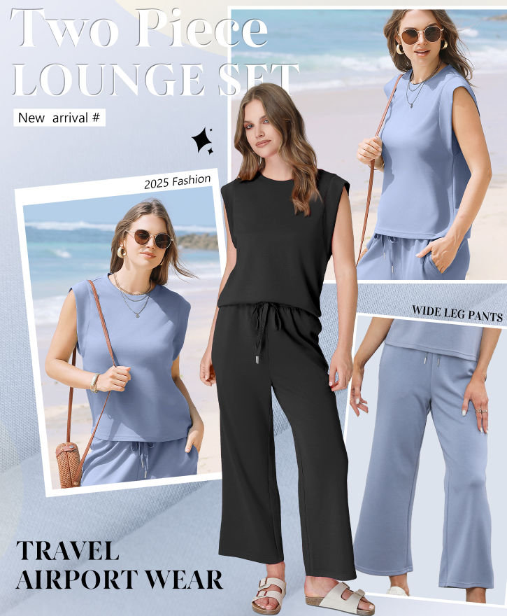 2025 Women's Casual Cap Sleeve Top Wide Leg Crop Pants Two Piece Sets